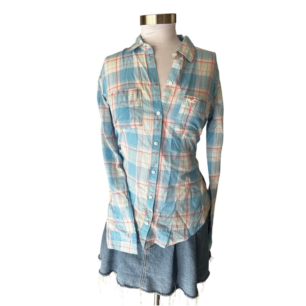 Y2K Hollister Button Down Shirt Size M Blue Pink Plaid Long Sleeve Seagull Logo